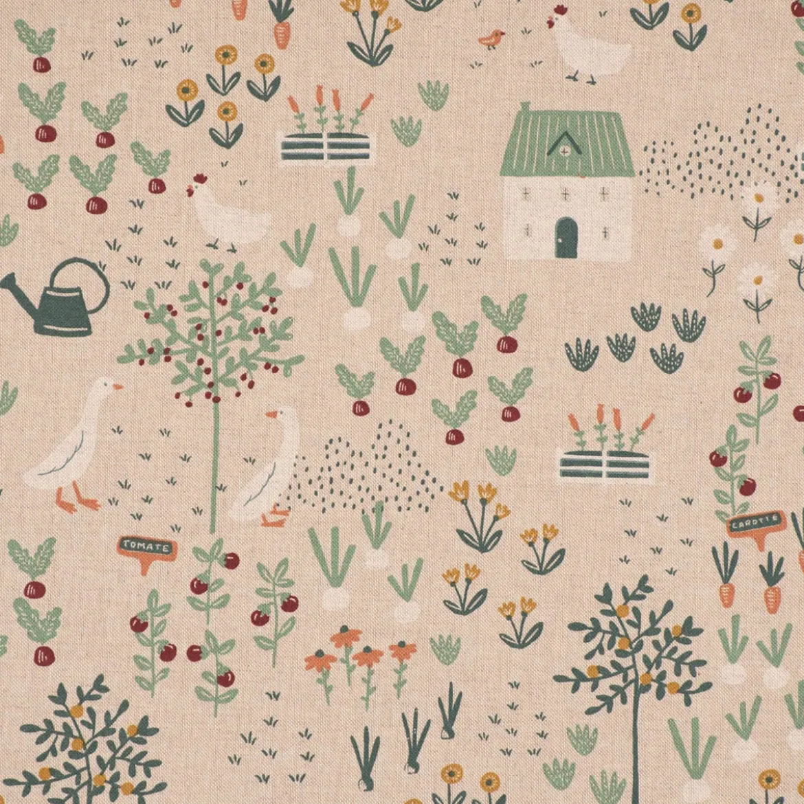 Dekostoff Halbpanama Leinenlook Farmhouse Cozy View Bauernhof Garten natur bunt 1,40m Breite