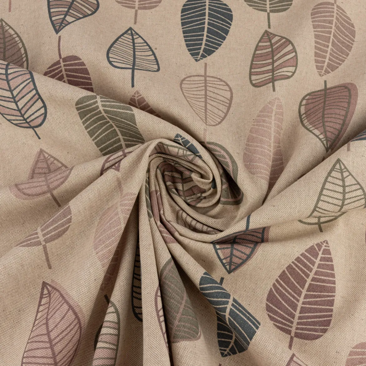 Dekostoff Halbpanama Leinenlook Scandi Retro Leaves Blätter natur rosa 1,40m Breite