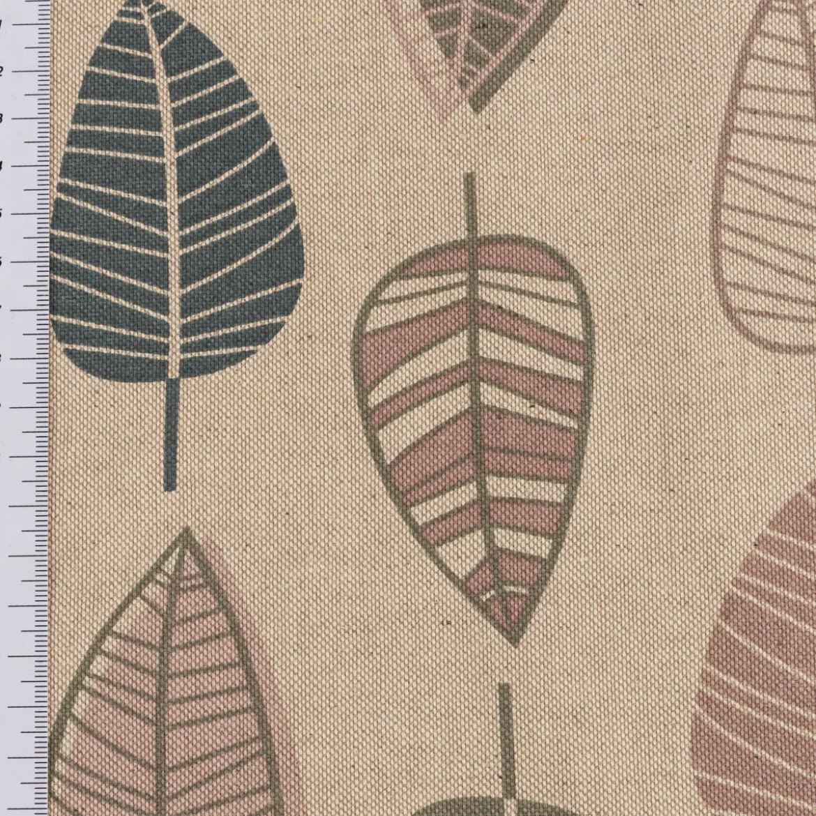 Dekostoff Halbpanama Leinenlook Scandi Retro Leaves Blätter natur rosa 1,40m Breite