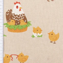 Dekostoff Halbpanama Leinenlook Chicken Family Nest Hahn Henne Küken natur gelb 1,40m Breite
