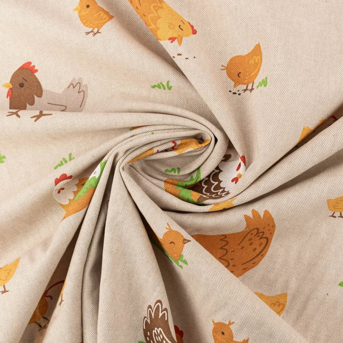 Dekostoff Halbpanama Leinenlook Chicken Family Nest Hahn Henne Küken natur gelb 1,40m Breite