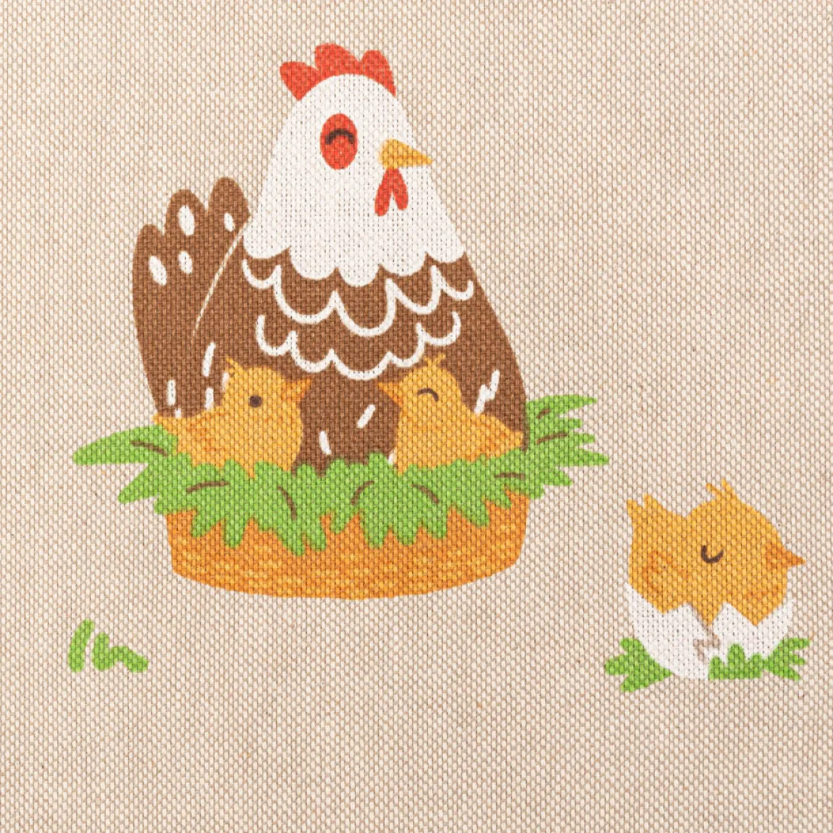 Dekostoff Halbpanama Leinenlook Chicken Family Nest Hahn Henne Küken natur gelb 1,40m Breite
