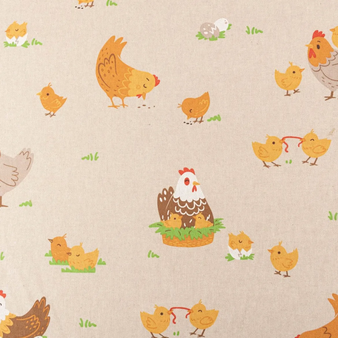 Dekostoff Halbpanama Leinenlook Chicken Family Nest Hahn Henne Küken natur gelb 1,40m Breite