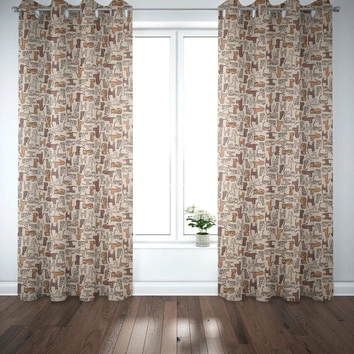 Dekostoff Halbpanama Leinenlook Cat Wildlife Art Katzen natur braun 1,40m Breite