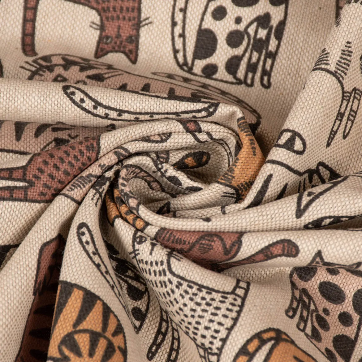 Dekostoff Halbpanama Leinenlook Cat Wildlife Art Katzen natur braun 1,40m Breite
