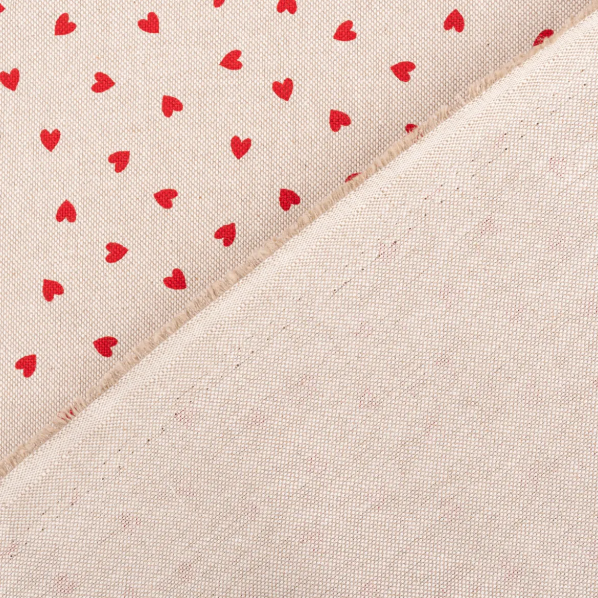 Dekostoff Halbpanama Leinenlook Little Love Heart Herzchen natur rot 1,40m Breite