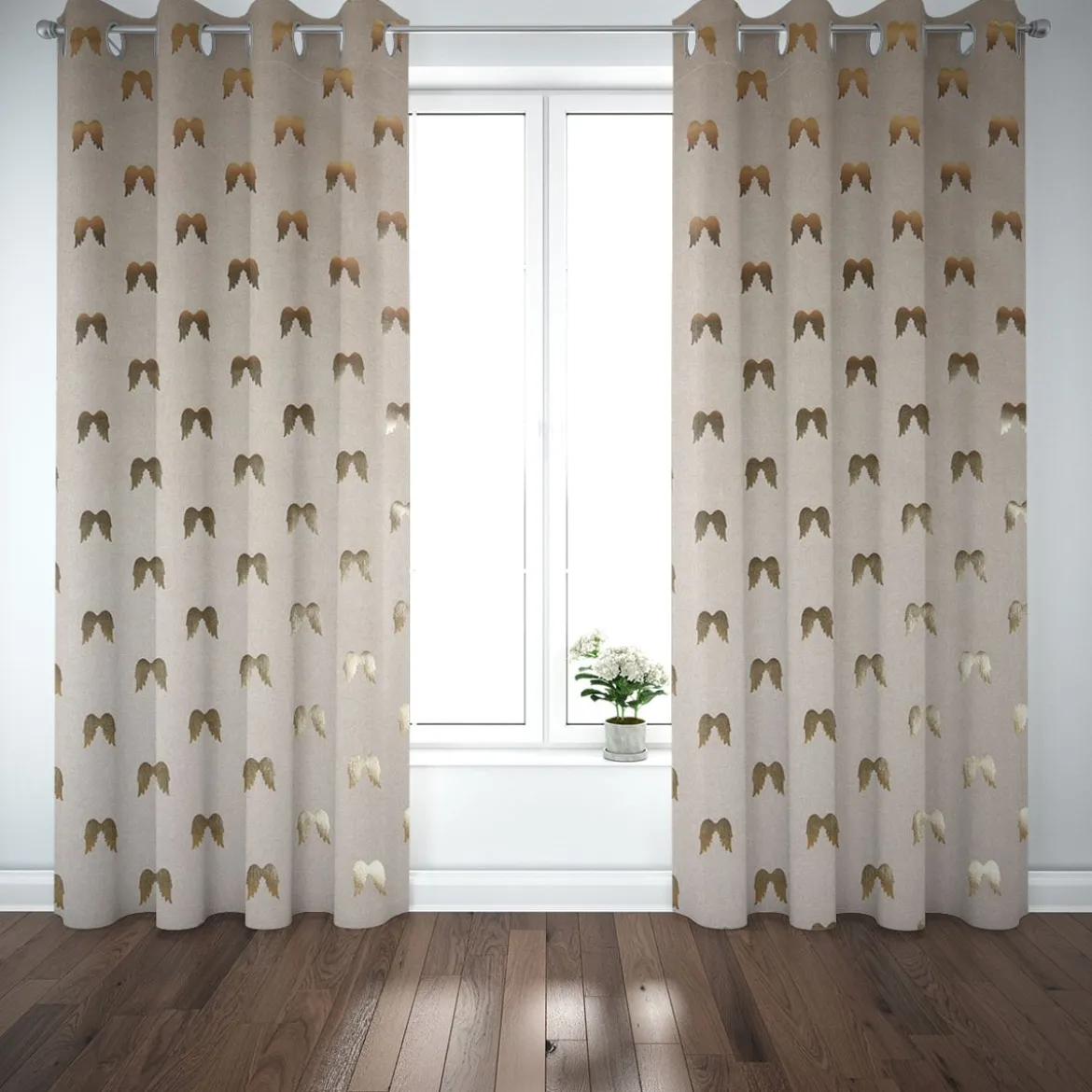 Dekostoff Halbpanama Metallikdruck Engelsflügel natur gold metallic 1,40m Breite