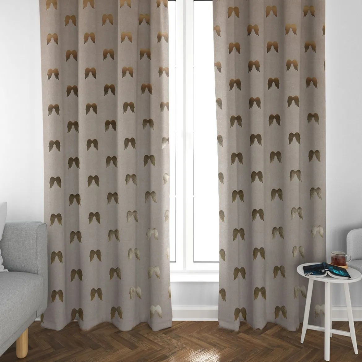 Dekostoff Halbpanama Metallikdruck Engelsflügel natur gold metallic 1,40m Breite