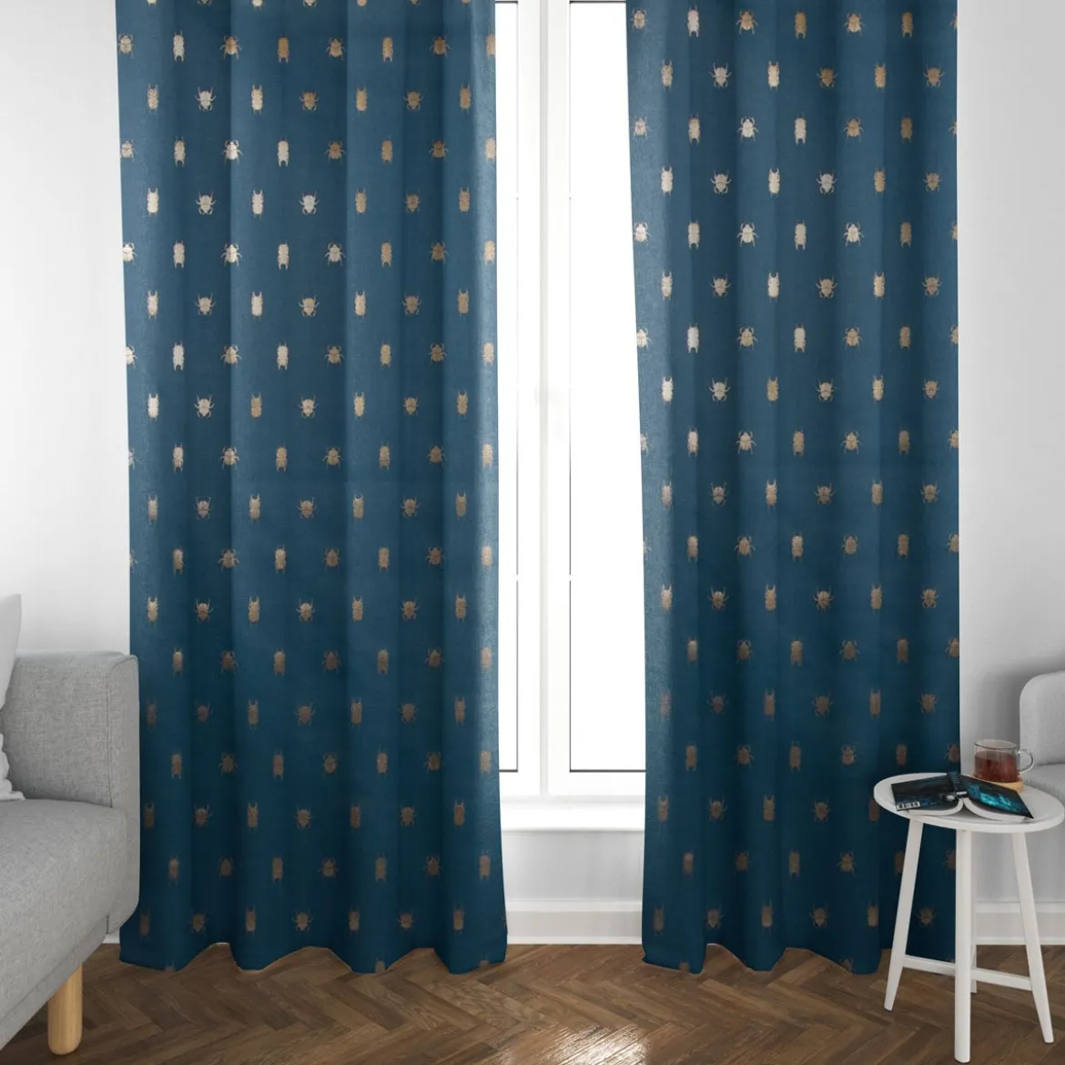 Dekostoff Halbpanama Metallikdruck Käfer blau gold metallic 1,40m Breite