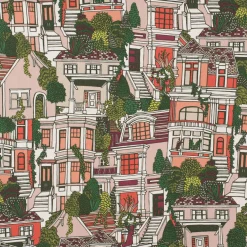 Dekostoff Halbpanama Premium Village House Häuser rot grün beige 1,40m Breite