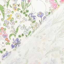 Dekostoff Halbpanama Rabbit Spring Fever Hasen Frühlingsblumen weiß bunt 1,40m Breite