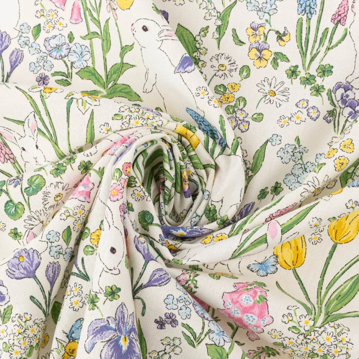 Dekostoff Halbpanama Rabbit Spring Fever Hasen Frühlingsblumen weiß bunt 1,40m Breite