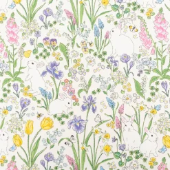 Dekostoff Halbpanama Rabbit Spring Fever Hasen Frühlingsblumen weiß bunt 1,40m Breite