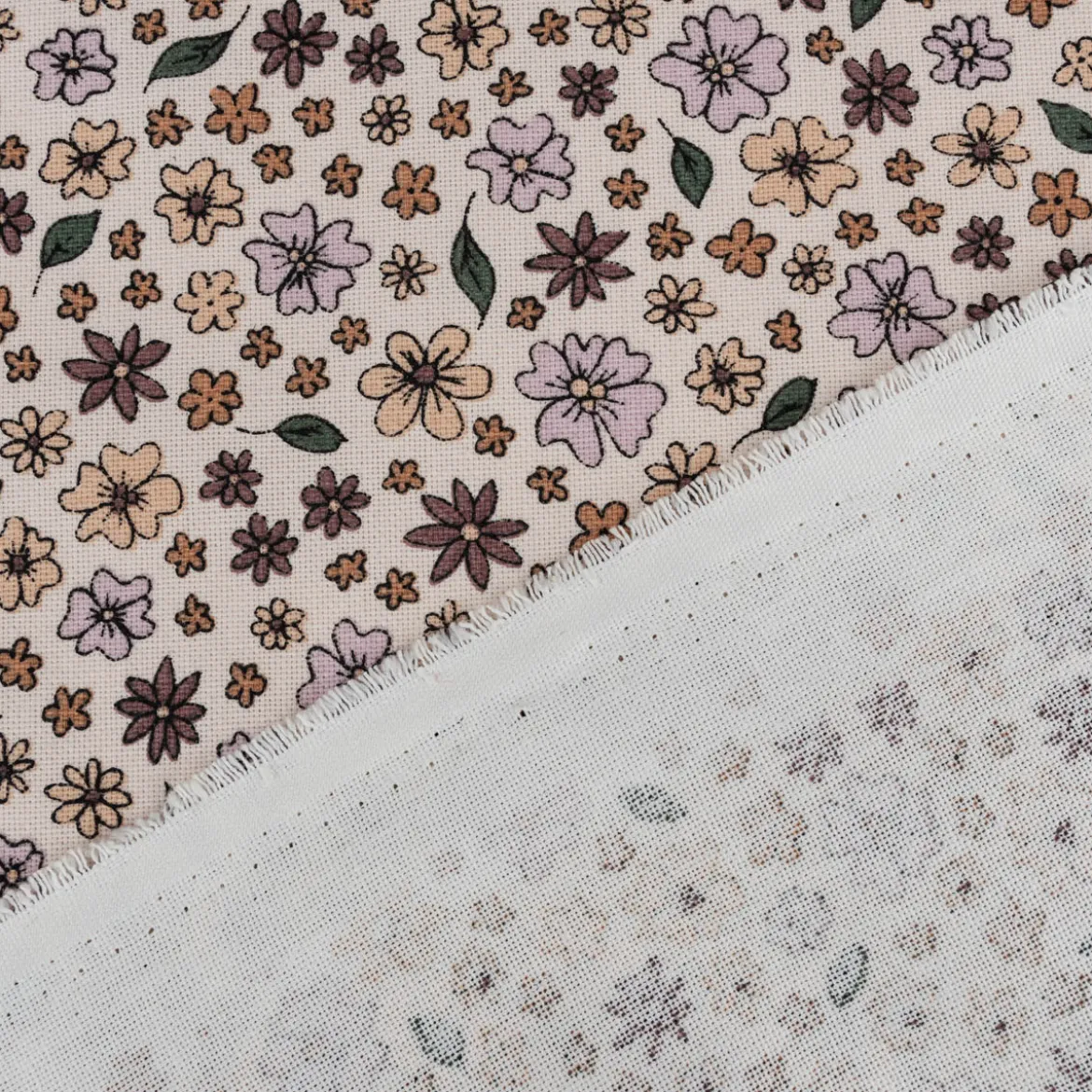 Dekostoff Halbpanama Sweet Flower Sprinkles Allover Blüten beige lila 1,40m Breite