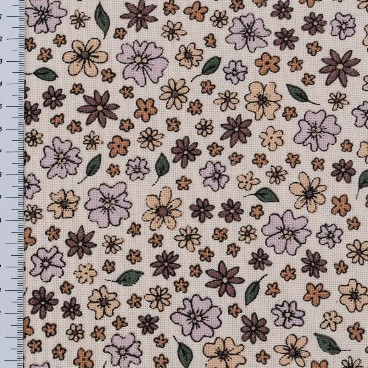 Dekostoff Halbpanama Sweet Flower Sprinkles Allover Blüten beige lila 1,40m Breite