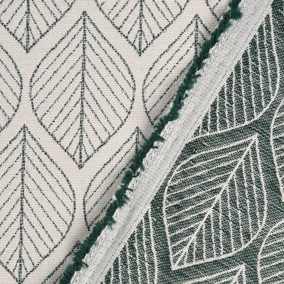 Dekostoff Jacquard Doubleface Premium Leaf Retro Scandi Blätter grün hellbeige 1,4m Breite