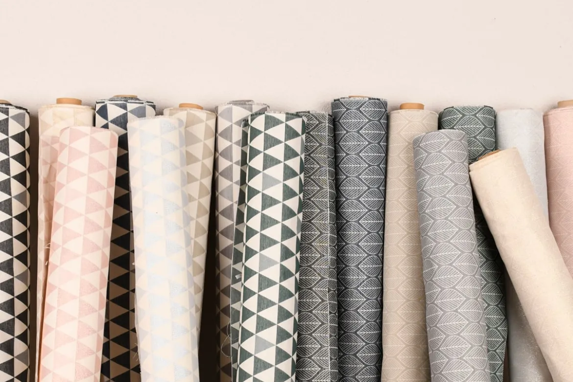 Dekostoff Jacquard Doubleface Premium Triangel Retro Scandi blau hellbeige 1,4m Breite