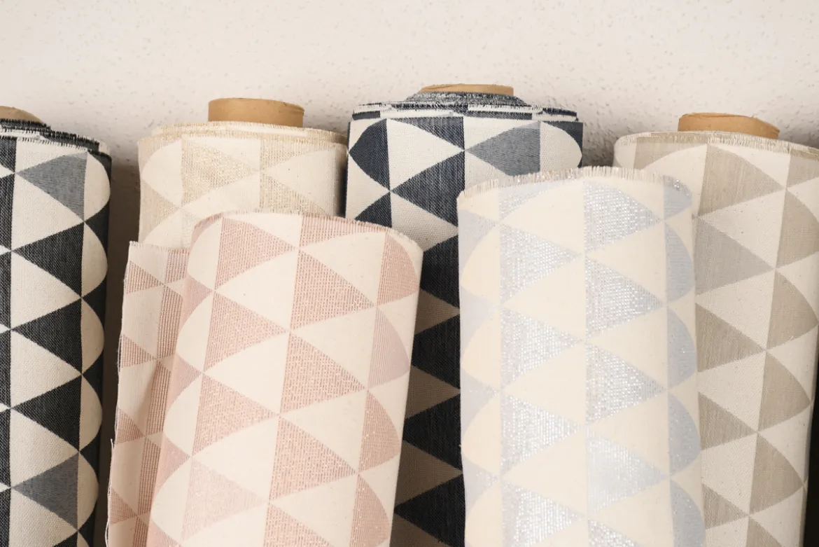 Dekostoff Jacquard Doubleface Premium Triangel Retro Scandi blau hellbeige 1,4m Breite