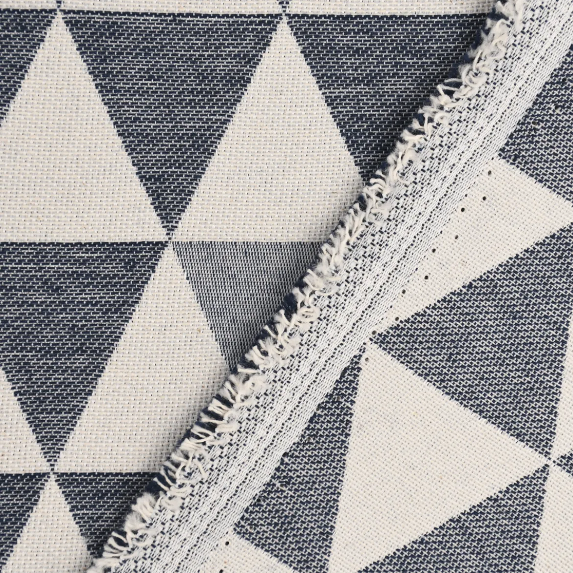 Dekostoff Jacquard Doubleface Premium Triangel Retro Scandi blau hellbeige 1,4m Breite