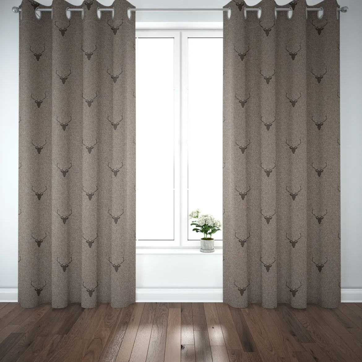 Dekostoff Jacquard Gardinenstoff Landhausstoff Wendestoff Hirschkopf mit Geweih braun 1,40m Breite