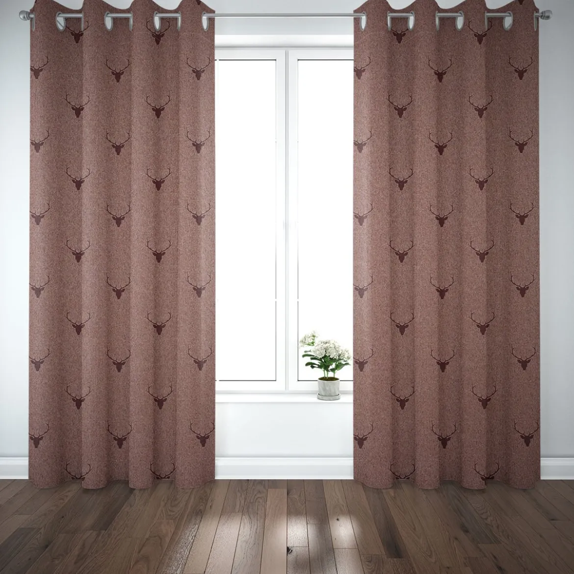 Dekostoff Jacquard Gardinenstoff Landhausstoff Wendestoff Hirschkopf mit Geweih rotbraun 1,40m Breite