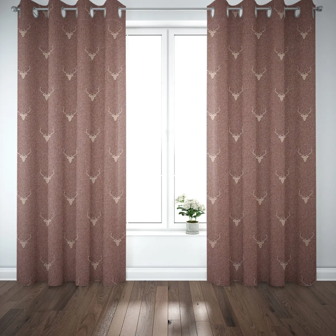 Dekostoff Jacquard Gardinenstoff Landhausstoff Wendestoff Hirschkopf mit Geweih rotbraun 1,40m Breite