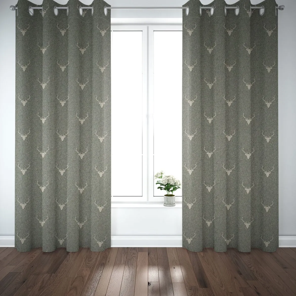 Dekostoff Jacquard Gardinenstoff Landhausstoff Wendestoff Hirschkopf mit Geweih grün 1,40m Breite