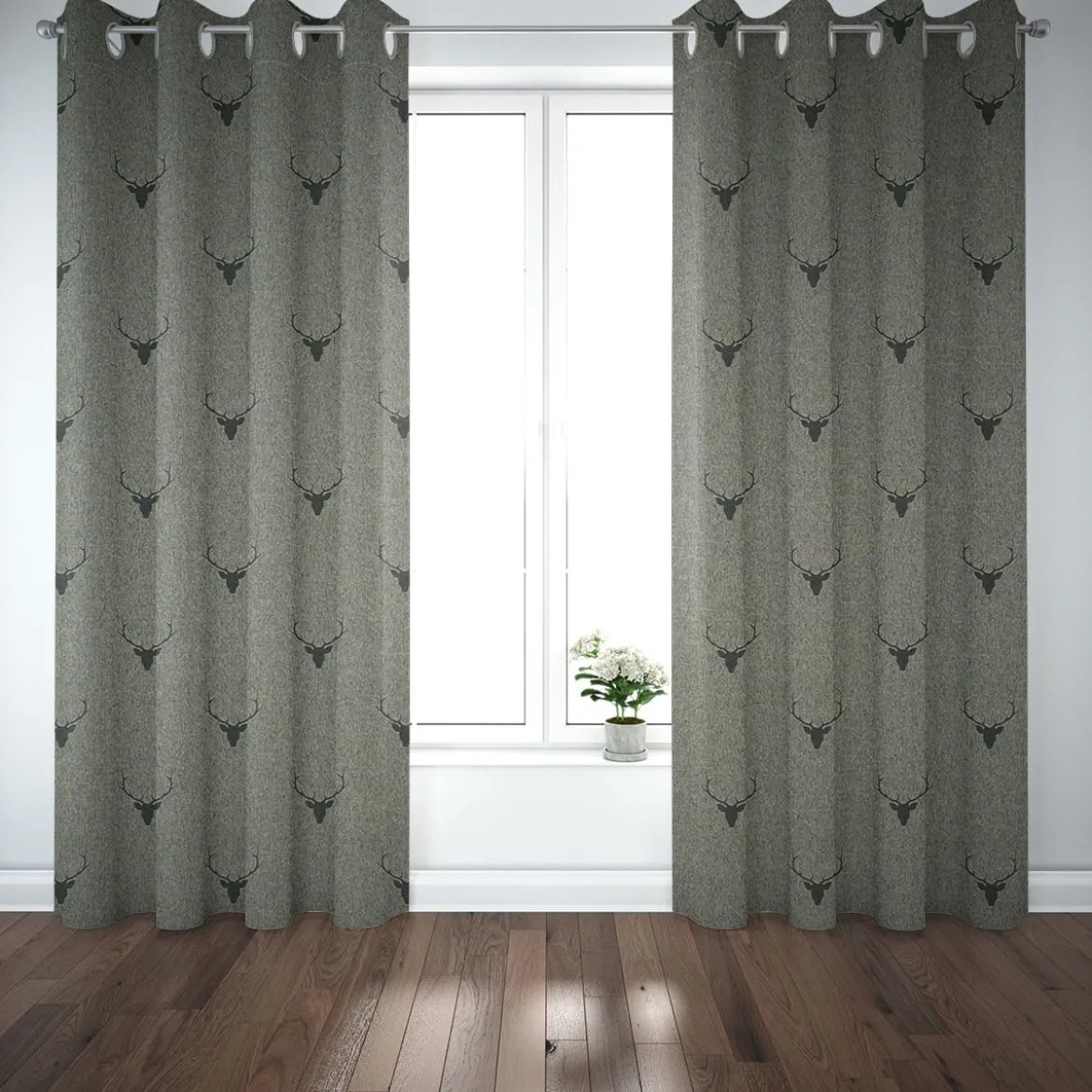 Dekostoff Jacquard Gardinenstoff Landhausstoff Wendestoff Hirschkopf mit Geweih grün 1,40m Breite