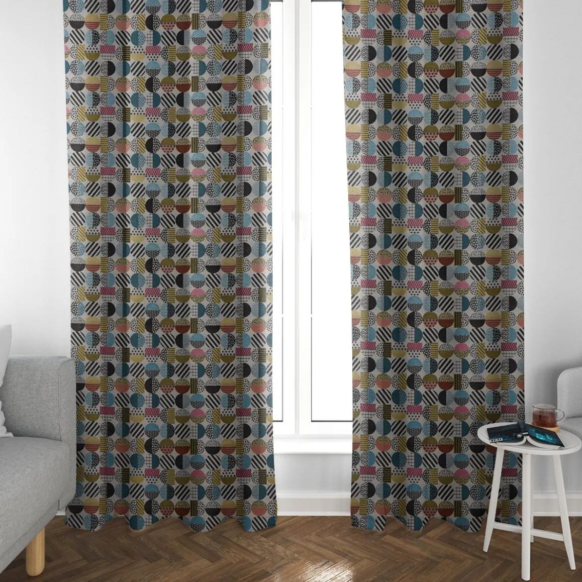 Dekostoff Jacquard geometrisch Kreise weiß schwarz bunt 1,5m Breite