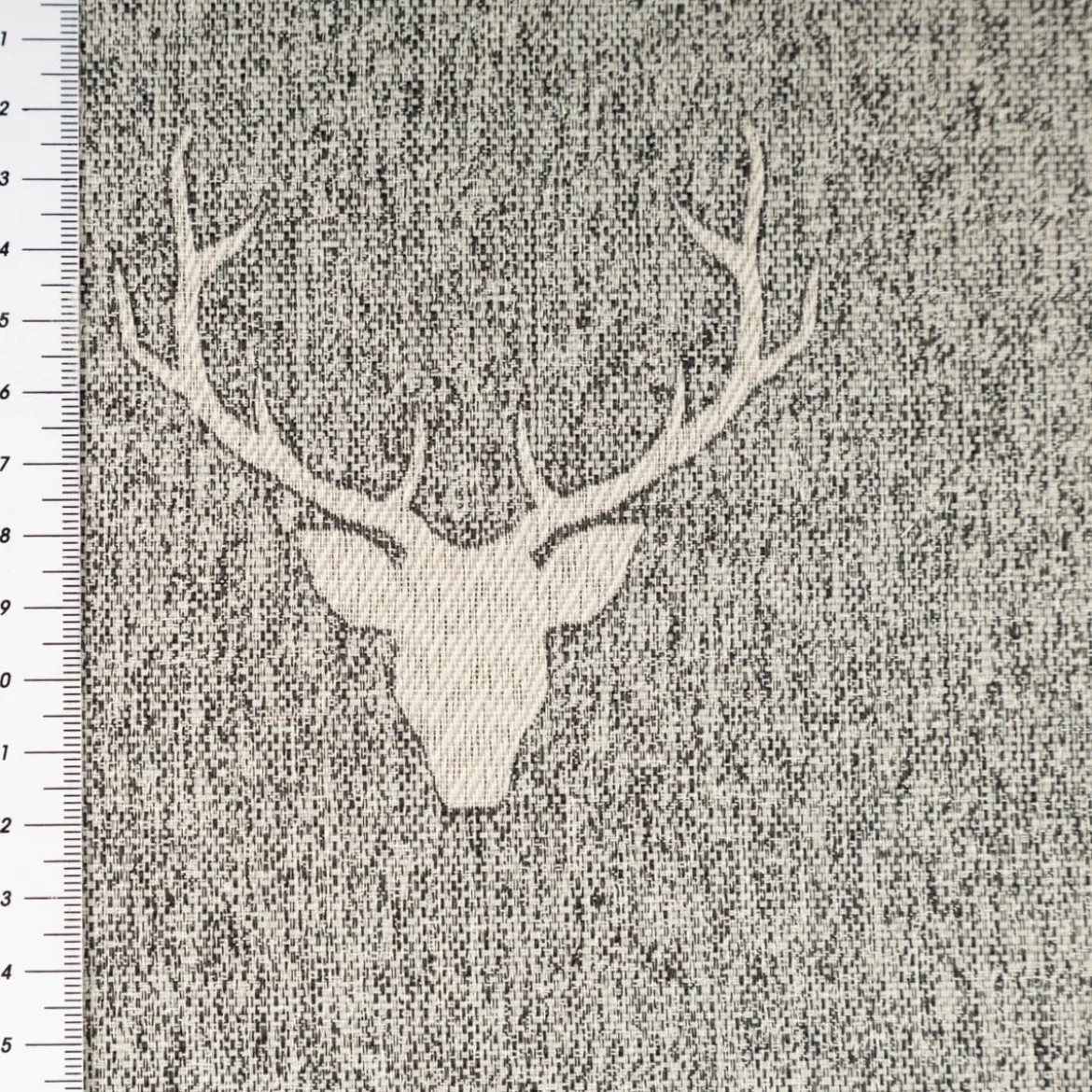 Dekostoff Jacquard Landhausstoff Wendestoff Hirschkopf mit Geweih Grau Beige meliert 1,40m Breite