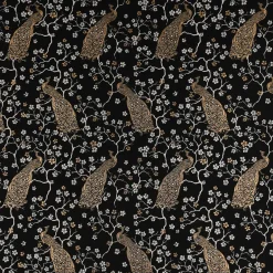 Dekostoff Jacquard Metallic Peacock Blossom Luxury Pfau Blüten schwarz gold ecru 1,4m Breite