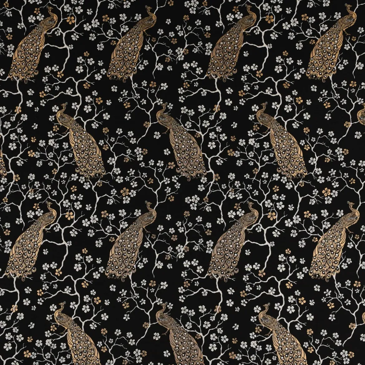Dekostoff Jacquard Metallic Peacock Blossom Luxury Pfau Blüten schwarz gold ecru 1,4m Breite
