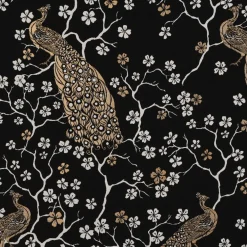 Dekostoff Jacquard Metallic Peacock Blossom Luxury Pfau Blüten schwarz gold ecru 1,4m Breite