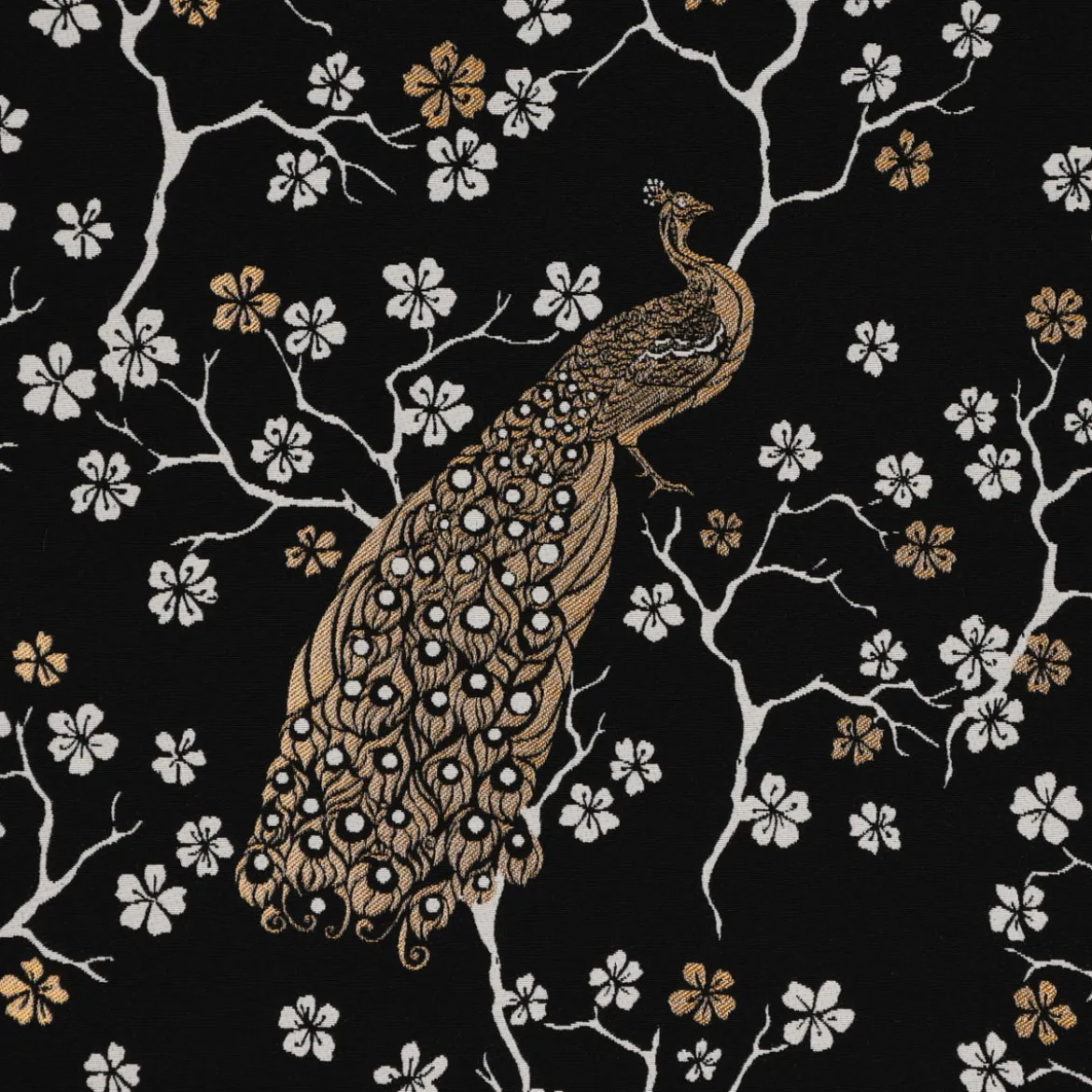 Dekostoff Jacquard Metallic Peacock Blossom Luxury Pfau Blüten schwarz gold ecru 1,4m Breite