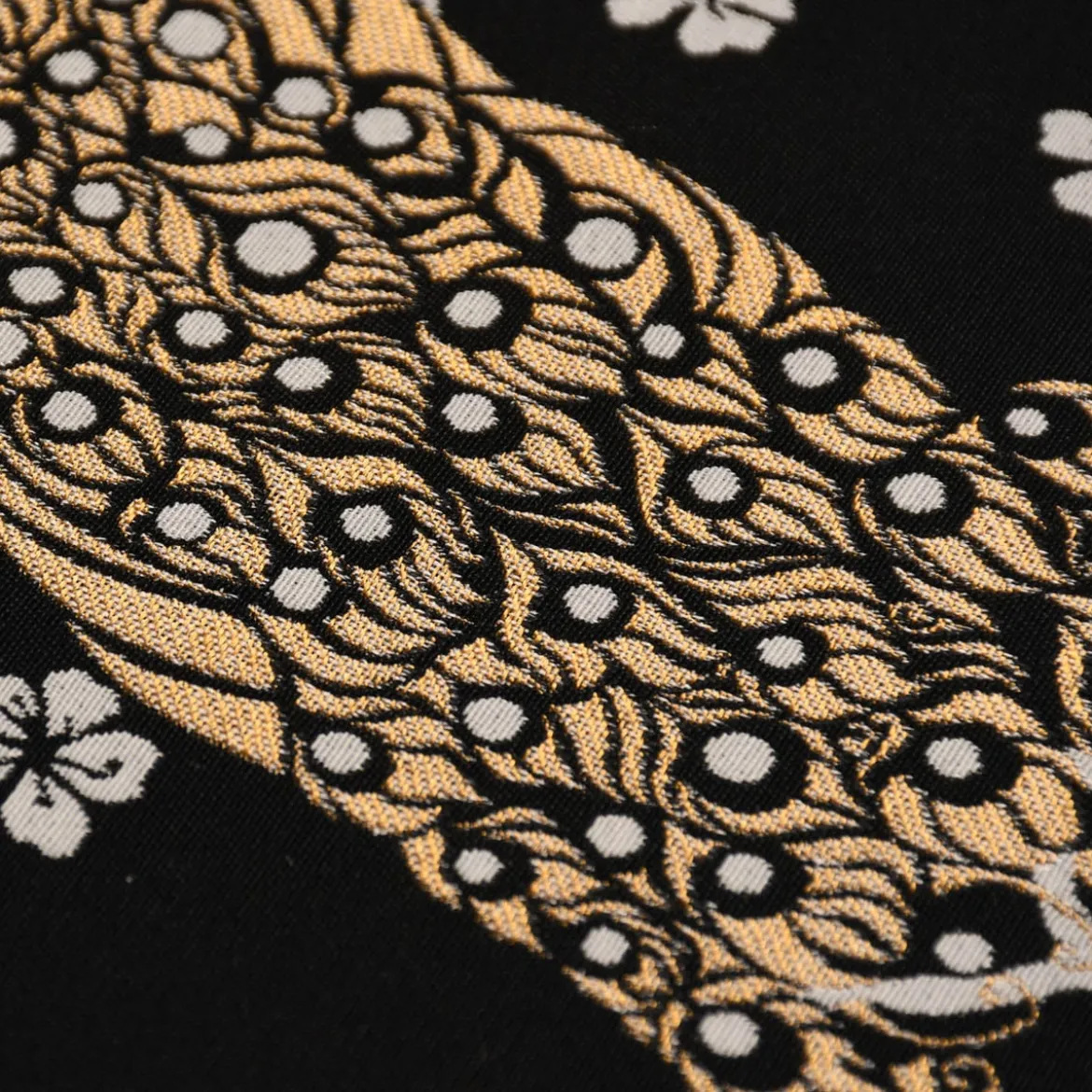 Dekostoff Jacquard Metallic Peacock Blossom Luxury Pfau Blüten schwarz gold ecru 1,4m Breite