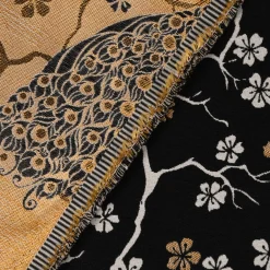 Dekostoff Jacquard Metallic Peacock Blossom Luxury Pfau Blüten schwarz gold ecru 1,4m Breite