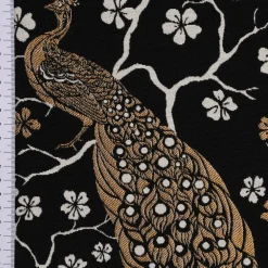 Dekostoff Jacquard Metallic Peacock Blossom Luxury Pfau Blüten schwarz gold ecru 1,4m Breite