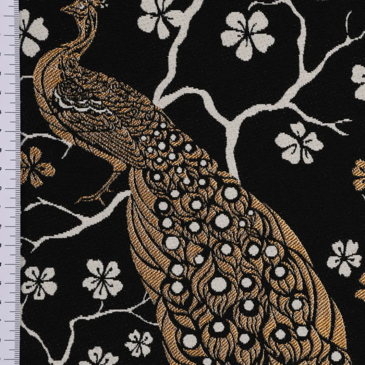 Dekostoff Jacquard Metallic Peacock Blossom Luxury Pfau Blüten schwarz gold ecru 1,4m Breite