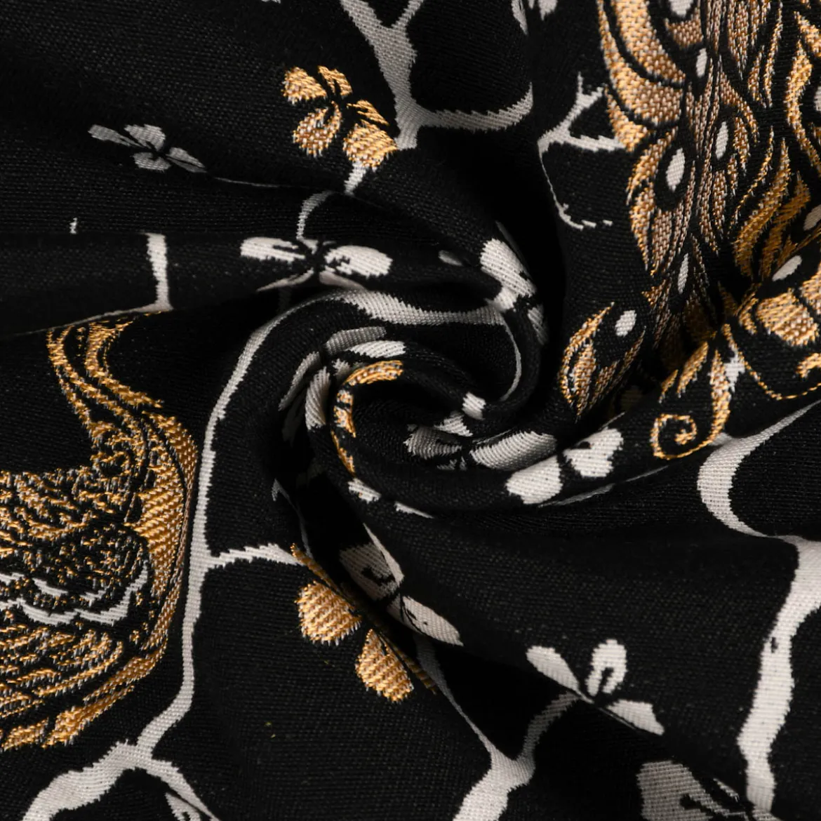 Dekostoff Jacquard Metallic Peacock Blossom Luxury Pfau Blüten schwarz gold ecru 1,4m Breite