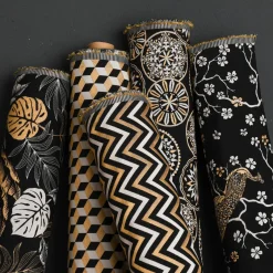 Dekostoff Jacquard Metallic Botanic Leaf Luxury Blätter schwarz gold ecru 1,4m Breite