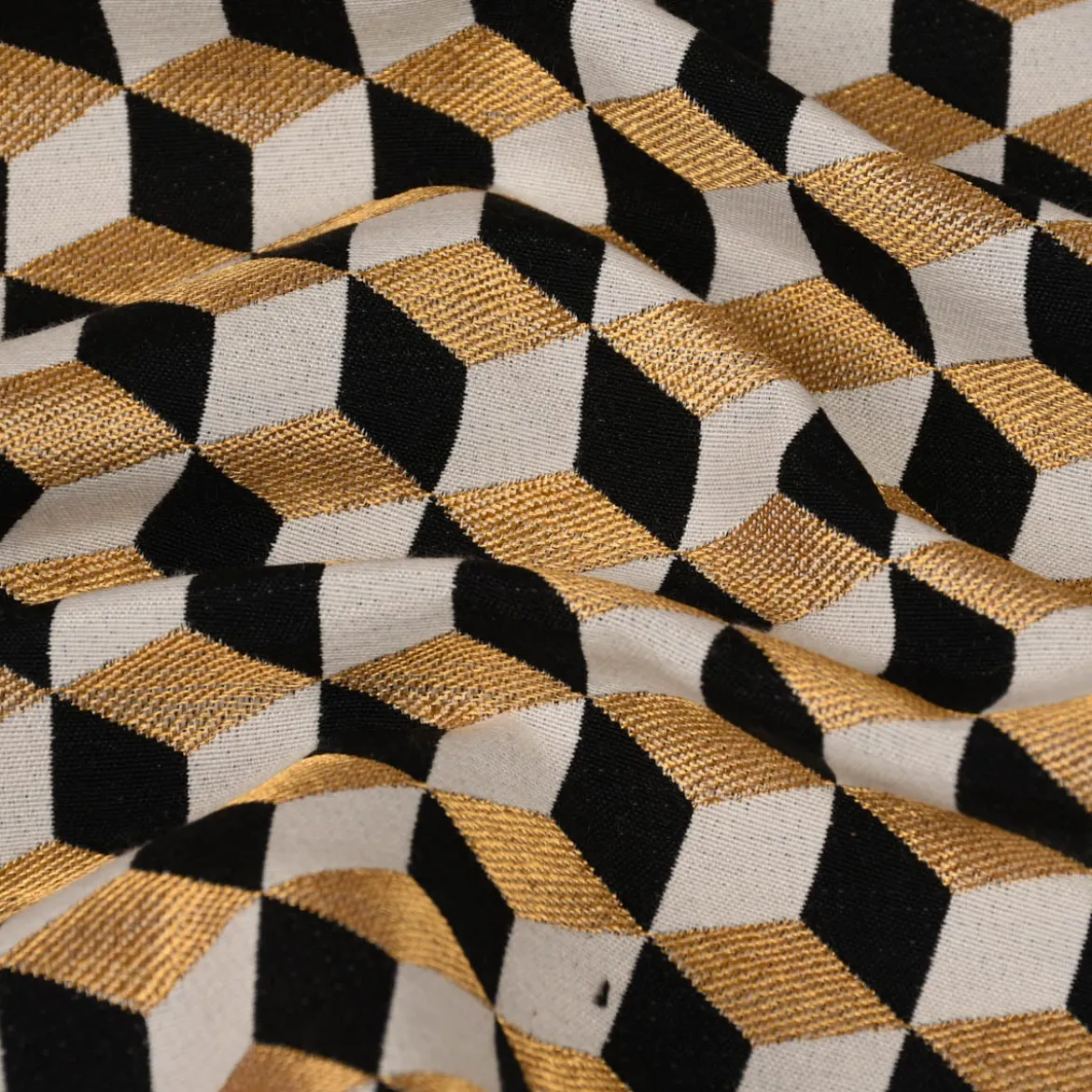 Dekostoff Jacquard Metallic Cube Geometric Luxury 3D Würfel schwarz gold ecru 1,4m Breite