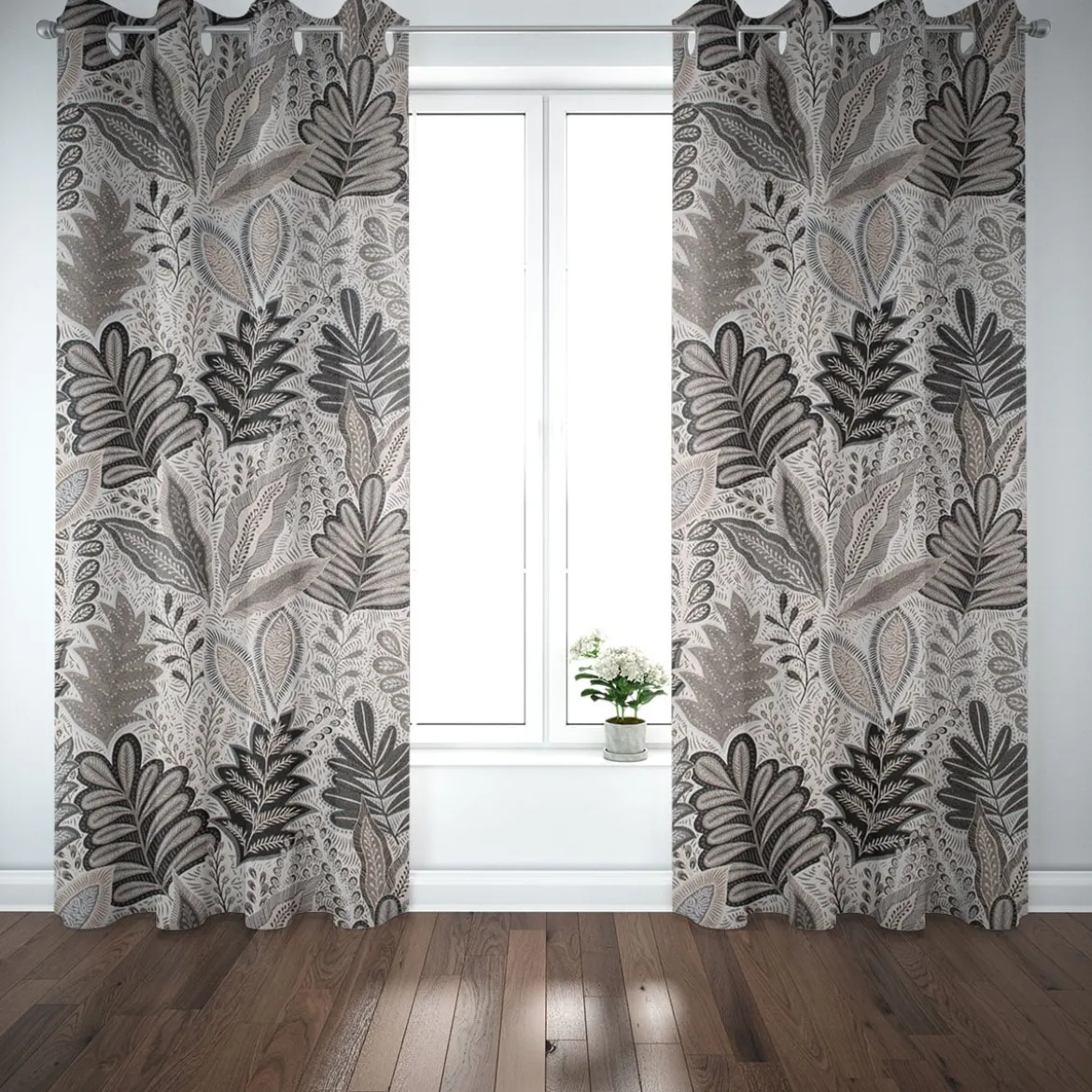 Dekostoff Jacquard Metallic Botanic Arty Blätter silber grau 1,4m Breite