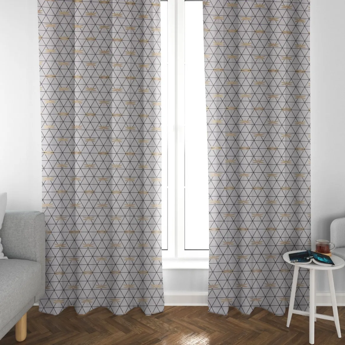 Dekostoff Jacquard-Stoff Dreiecke weiß schwarz Libelle gold 1,40m Breite