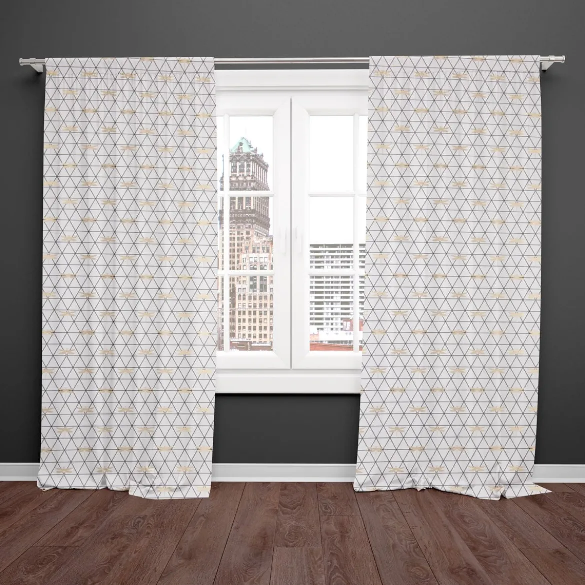 Dekostoff Jacquard-Stoff Dreiecke weiß schwarz Libelle gold 1,40m Breite