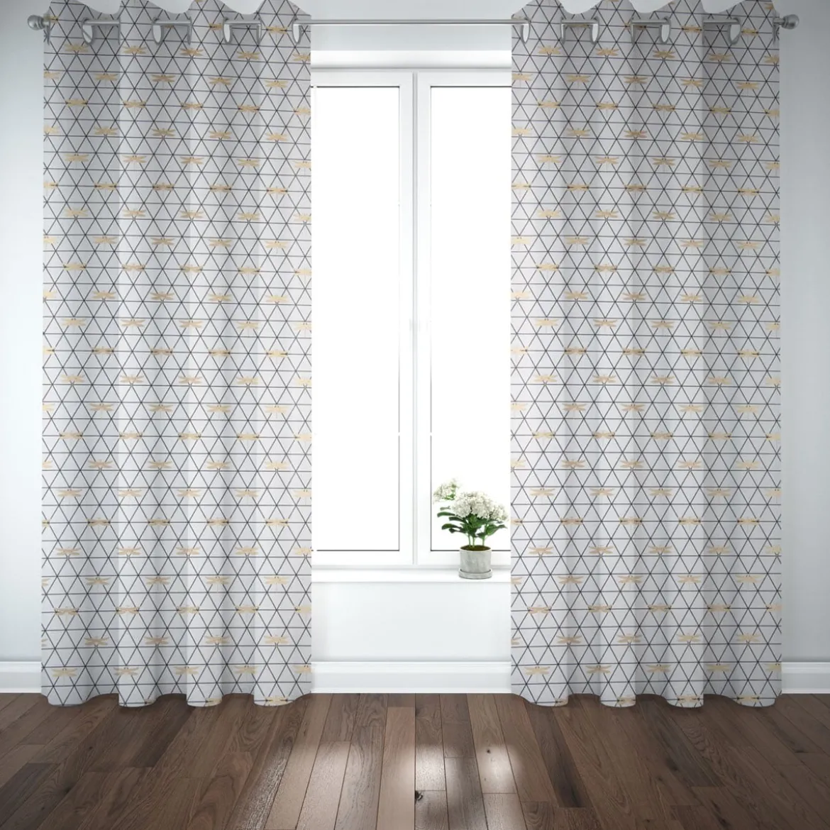 Dekostoff Jacquard-Stoff Dreiecke weiß schwarz Libelle gold 1,40m Breite