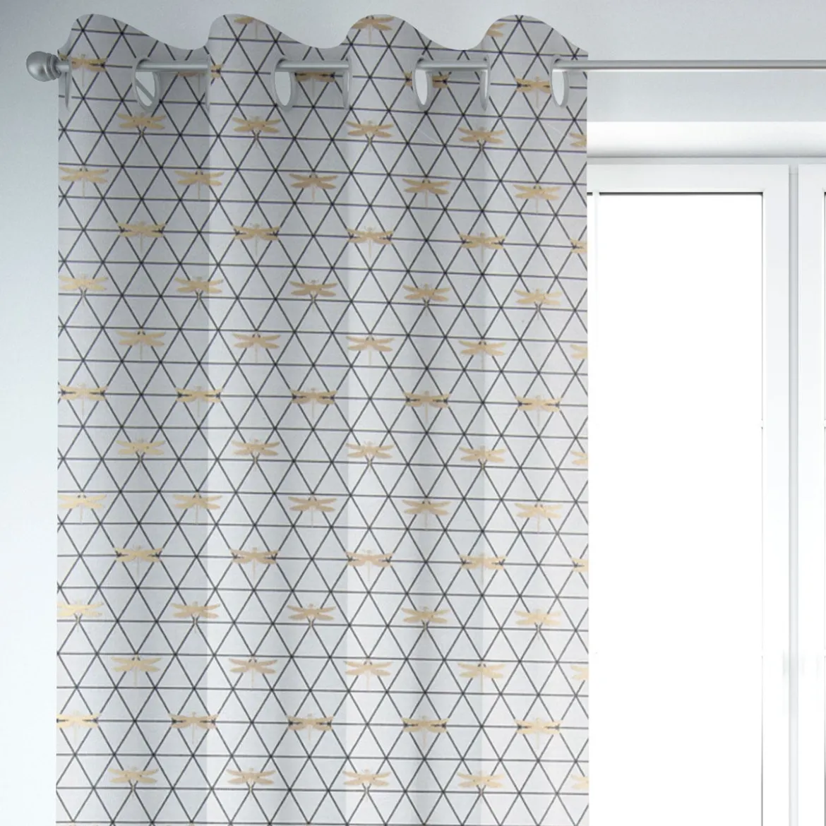 Dekostoff Jacquard-Stoff Dreiecke weiß schwarz Libelle gold 1,40m Breite