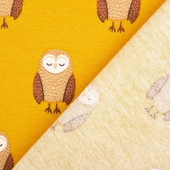 Dekostoff Kinderstoff Halbpanama Night Owl Nap Eulen senfgelb braun 1,40m Breite