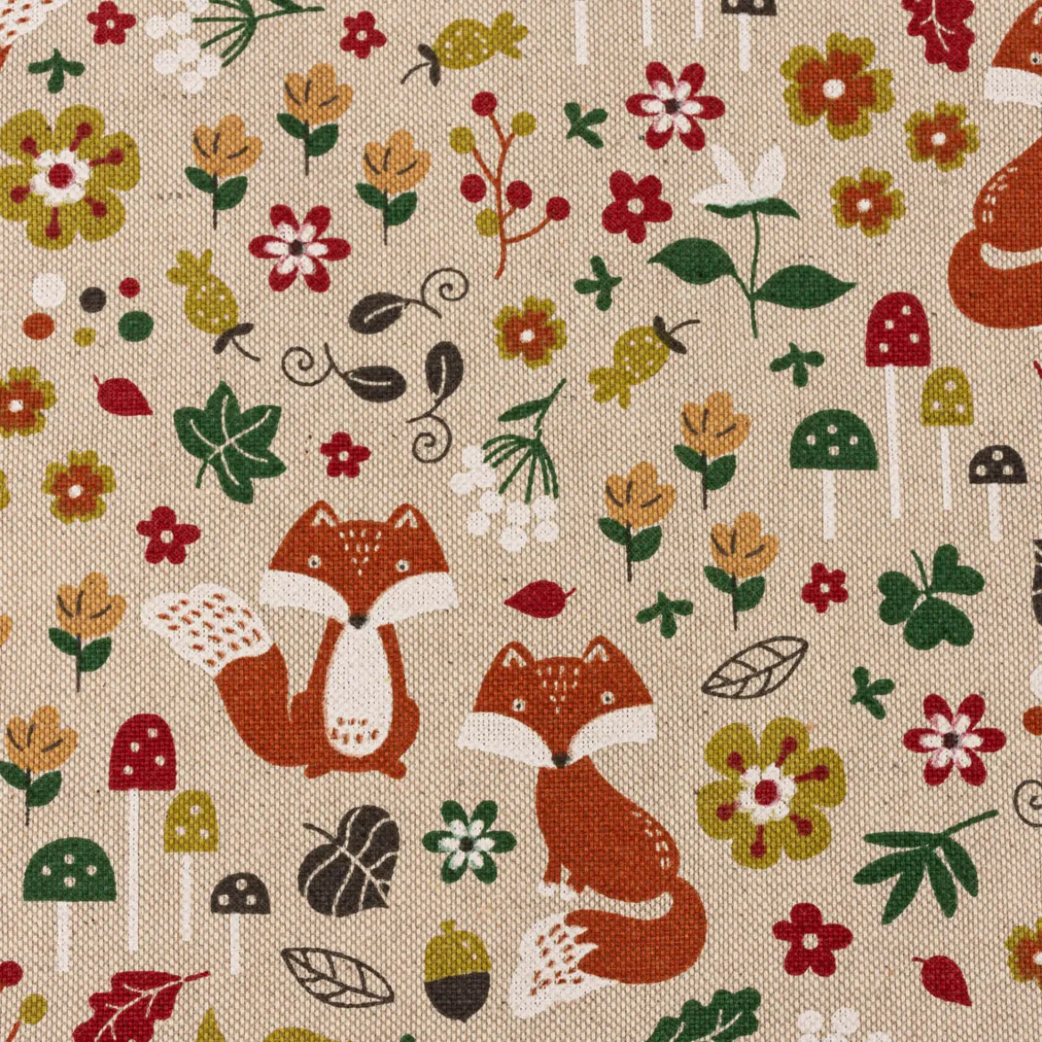 Dekostoff Kinderstoff Halbpanama Leinenlook Autumn Woodland Fox Herbst Füchse natur bunt 1,40m Breite