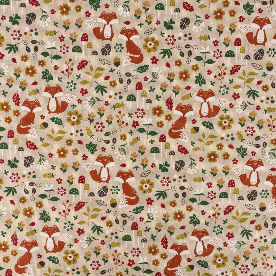 Dekostoff Kinderstoff Halbpanama Leinenlook Autumn Woodland Fox Herbst Füchse natur bunt 1,40m Breite