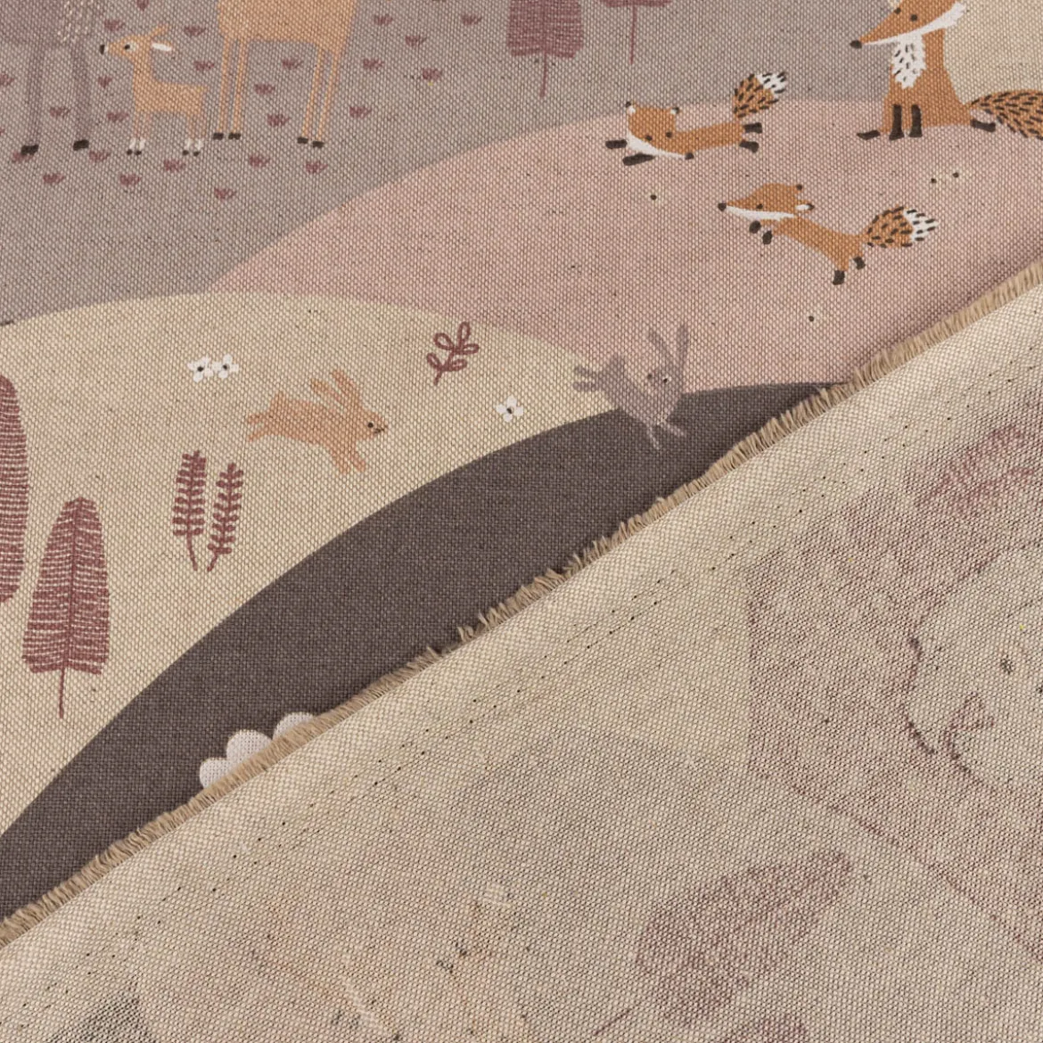 Dekostoff Kinderstoff Halbpanama Leinenlook Mountain Forest Animals Waldtiere Hügel rosa 140cm Breite